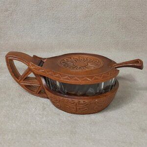 Sugar Condiment Bowl Faux Carved Wood Resin With Glass Insert And Spoon